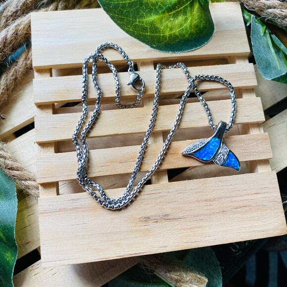 Sterling Silver Blue Opal CZ Whale Tail Pendant on Stainless Steel Chain - Picture 1 of 3